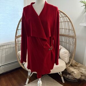 Lauren Ralph Lauren Red Ribbed Draped Cardigan Sweater XL 100% Cotton
